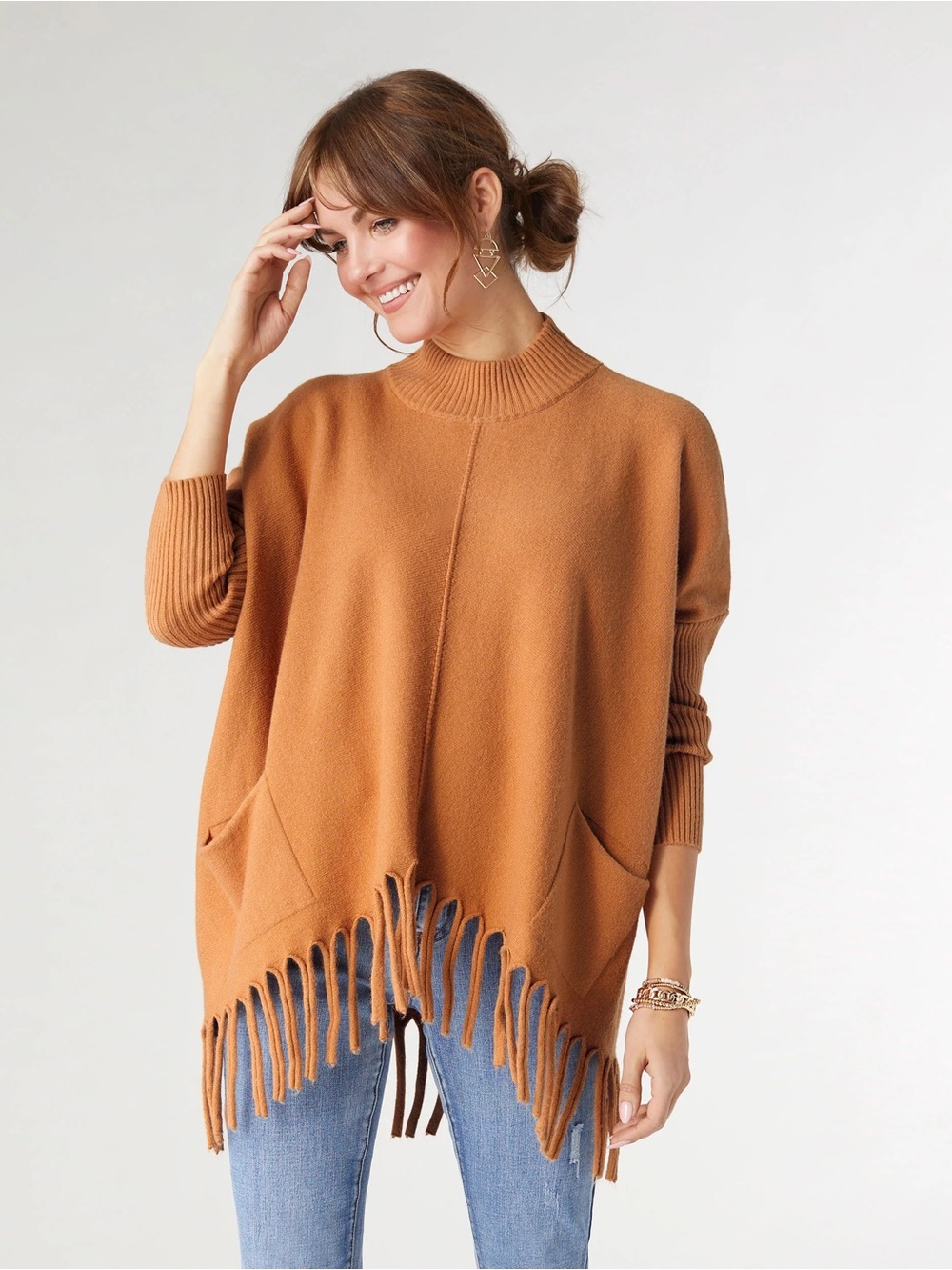 Vici Camel Fringe Pocketed Dress